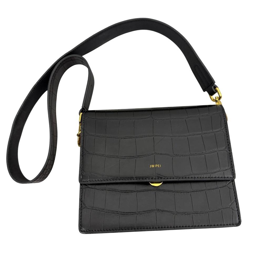 JW PEI Bag Womens Small Black Croc Embossed Vegan Leather Shoulder Purse